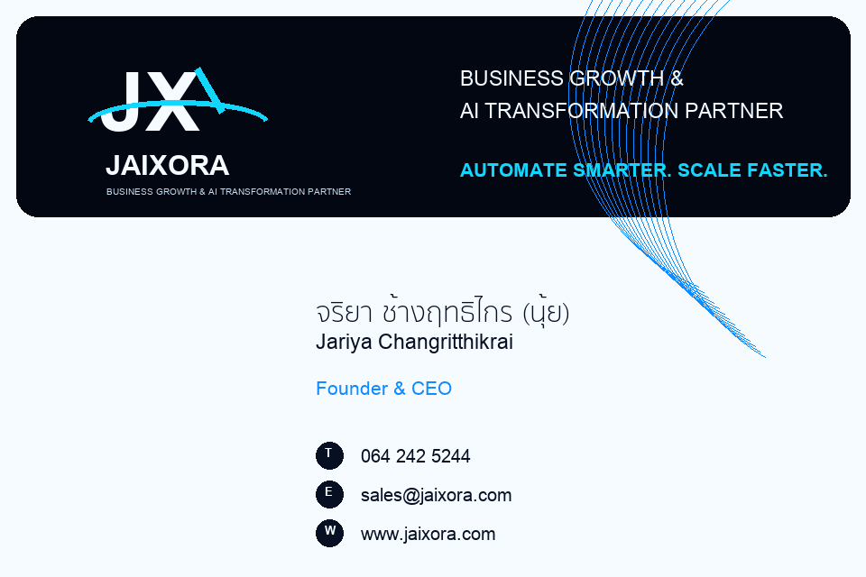 JAIXORA business card with contact details
